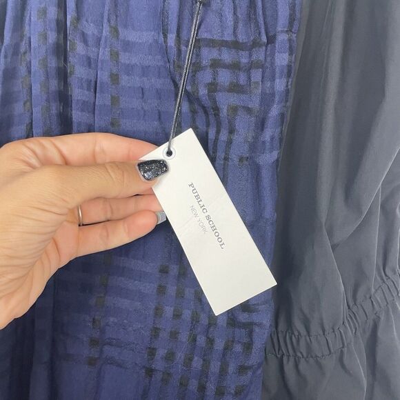 NEW PUBLIC SCHOOL Blue Black Plaid Flannel Mixed Silk Cotton Ema Midi Dress XS - Picture 9 of 10